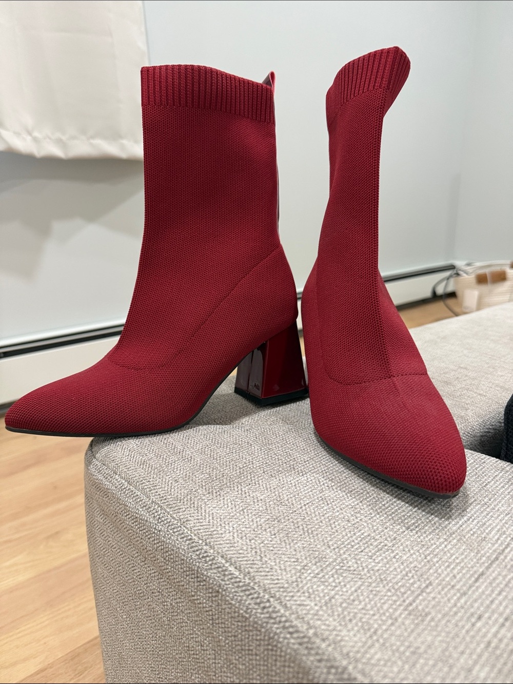 Women's Red Knit Sock Booties with Block Heel